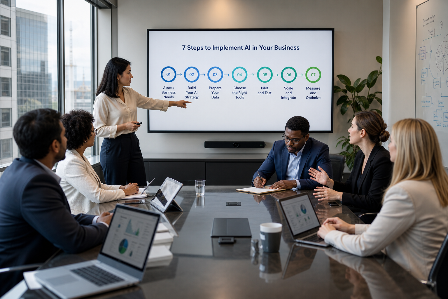 Vanderpan Consulting 7-step approach to AI strategy, from business objectives and process improvement through technology, deployment, measurement, and refinement